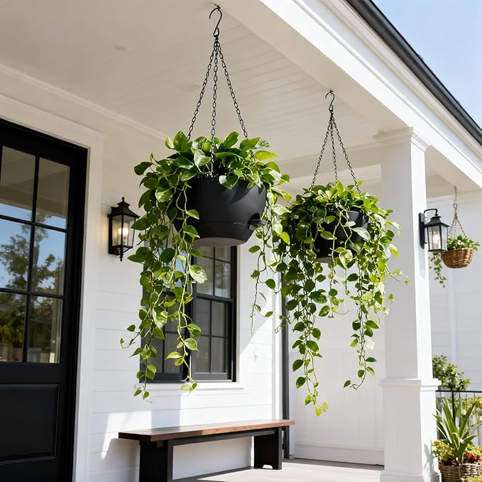 13 Inch 2 Pack Large Self Watering Hanging Planters for Indoor Outdoor Plants, Hanging Plant Pots with Removable 50 Oz Reservoir, Plastic Hanging Basket for Window Porch Garden Balcony, Black