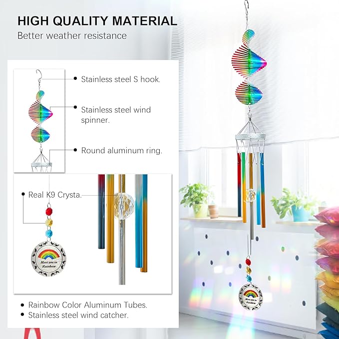 Wind Chimes for Outside,30in Wind Chimes Spinner with Crystal Create a Rainbow Effect,Windchimes Outdoors Garden Decor,Colorful Patio Backyard Porch Ornaments,Crystal Gift for Women Mom Men