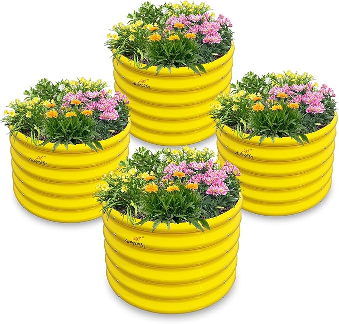 A ANLEOLIFE Kids Mini Raised Garden Beds Outdoor (4-Pack)-24x24x18in Round Galvanized Metal Planter Box for Planting Vegetables, Flowers, Fruits, Eco-Safe & Easy Setup, Sunlit Gold
