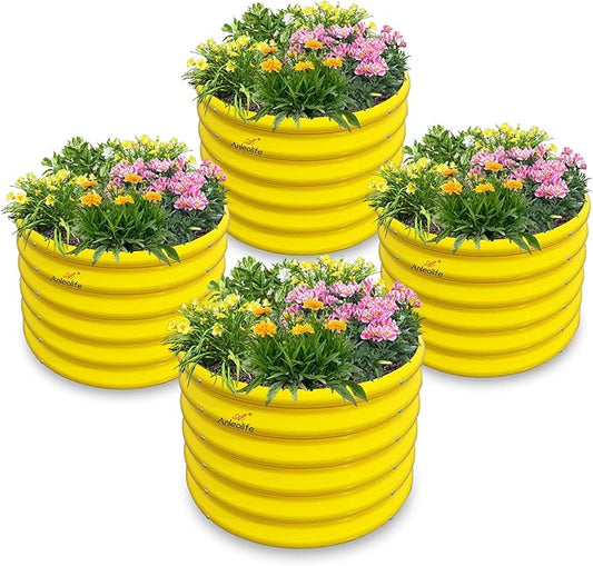 A ANLEOLIFE Kids Mini Raised Garden Beds Outdoor (4-Pack)-24x24x18in Round Galvanized Metal Planter Box for Planting Vegetables, Flowers, Fruits, Eco-Safe & Easy Setup, Sunlit Gold