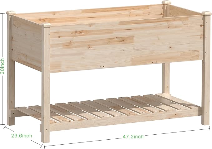 Raised Garden Bed with Legs, 47.2x23.6x30in Wooden Raised Garden Box with Bed Liners, Storage Shelf for Outdoor Garden, Patio, Elevated Wood Planter for Vegetables, Fruits, Flowers