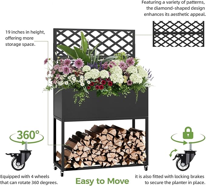 Metal Planter Box with Trellis, 3 in 1 Raised Garden Bed with Trelli & Firewood Rack, Privacy Planter Screen for Climbing Plants, Vine, Outdoor Garden Standing Beds with Drainage Holes, Wheels,Black