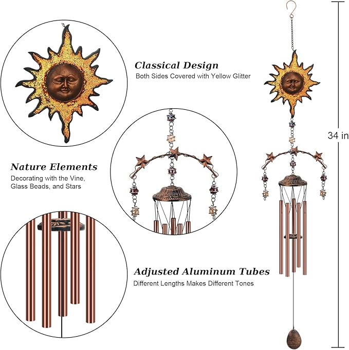 Yellow Sun Wind Chime - Wind Chimes for Outside Deep Tone 34 inches 5 Aluminum Tubes, Thanksgiving, Christmas, Birthday Gifts for Dad, Grandpa, Son, Decoration for Home, Garden, Patio, Backyard