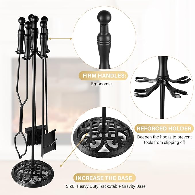 Fireplace Tool Set 5 PCS Black Wrought Iron Fire Tools Set Outdoor/Indoor, Large Fireplace Accessories Kit with Stand, Fire Poker, Shovel,Tongs for Indoor Modern Chimney, Wood Stove (Black)
