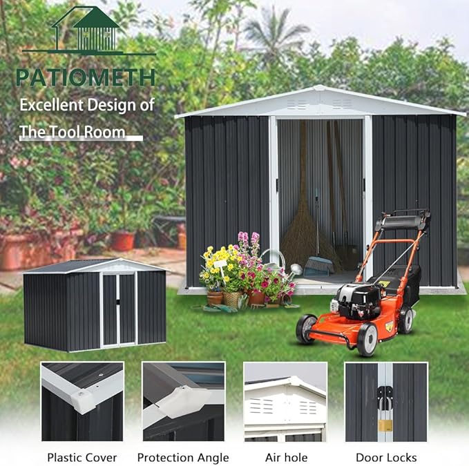8' x 6' Outdoor Metal Storage Shed Outdoor Shed Galvanized Steel Garden Shed with Sliding Door and Window for Ventilation Storage Sheds House for Backyard Garden