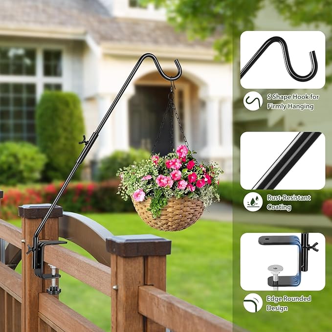 BOLITE Heavy Duty Deck Hook, 20 Inch Bird Feeder Hanger for Hummingbird Feeders, Planters, Lanterns, Wind Chimes, 360° Rotatable Arm, Black, Birthday Gifts for Women Men, Gifts for Mom Dad