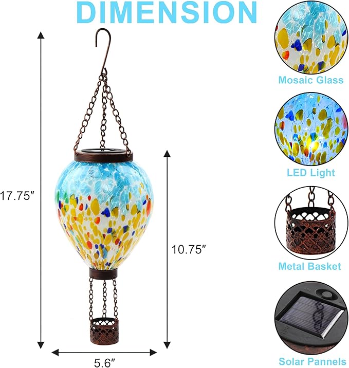 VOREEN Solar Hot Air Balloon Glass Lantern – Hand Blown Multicolor Glass Outdoor Hanging Light, IP44 Waterproof LED, Garden Patio Decoration Gift for Mom Wife Friend, Backyard Night Lighting Decor