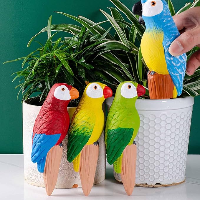 Premium Art 4 Pack Vibrant Parrot Terracotta Plant Watering Spikes, 150ml self Watering Terracotta Spikes Keeps Plants Hydrated 5-7 Days | Tropical Vacation Helper, Gift for Plant Lovers
