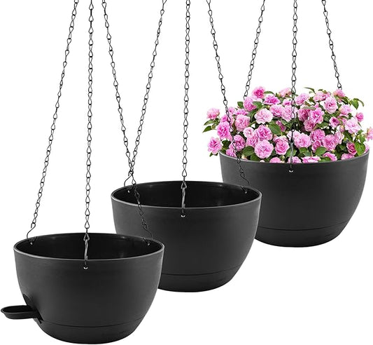 10 inch Hanging Planters for Indoor Plants, 3 Pack Self-Watering Hanging Planter Pots with Chain and Drainage Holes, Outdoor Plastic Hanging Baskets for Garden Home Decor (Black, 3pcs/10inch)