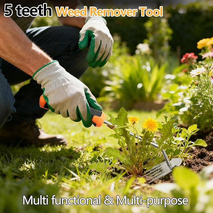 Weed Puller Tool，2025 Newly Weeder Stainless Steel Hand Weed Puller,Portable 5 Teeth Weed Remover Tool Weeding Tools for Gardening Vegetable Backyard Farm Planting & Uprooting (Rubber Handle)