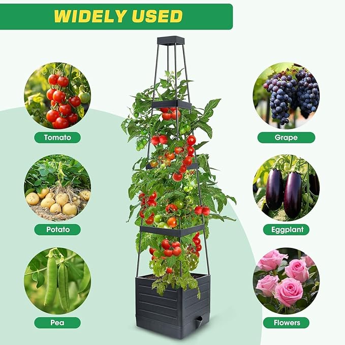 4 Pack Raised Garden Bed Planter Box with Trellis, 57" Self-Watering Tomato Cage Planters for Climbing Plants Vegetable Vine Flowers Outdoor & Indoor (57x9.8x9.8IN)