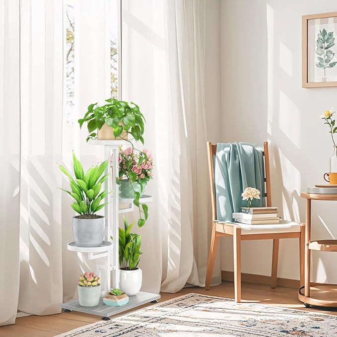 LASZOLA White 3 Tiered Plant Stand Indoors Heavy Duty Metal Rack, Sturdy Multi Level Shleving Hold Flowers, Larger House Decorate Ladder for Planting Inside Tree Herb Cactus, Wooden Base, Space Saving