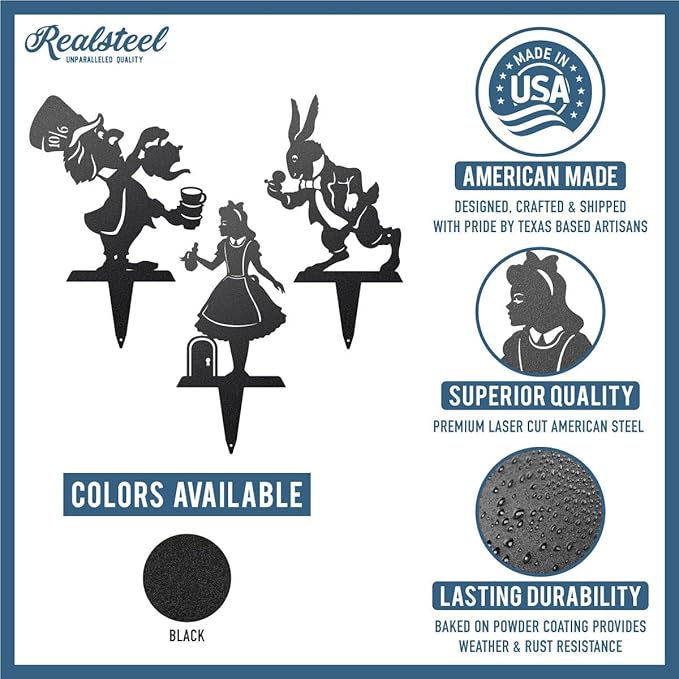 Alice in Wonderland Garden Stakes – Set of 3 | RealSteel Original Outdoor Yard Art Featuring Alice, White Rabbit & Mad Hatter | Rust-Resistant, American-Made Metal Décor | Black Finish