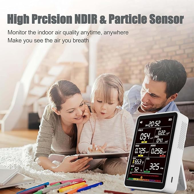 Professional Indoor Air Quality Monitor with AQI, Portable Real-Time Detector for Home Cars Plants and Pets (White)