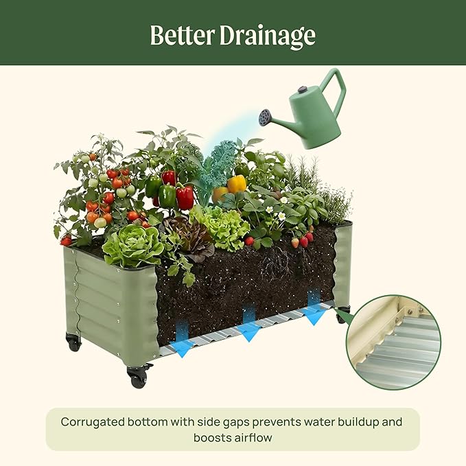 Vego garden Classic Rolling Garden Bed – 1.75' Mobile Metal Raised Garden Bed for Patio, Deck, Balcony – Deep Planting Space, Durable & Easy to Move (Pearl White, 1.75'X8')