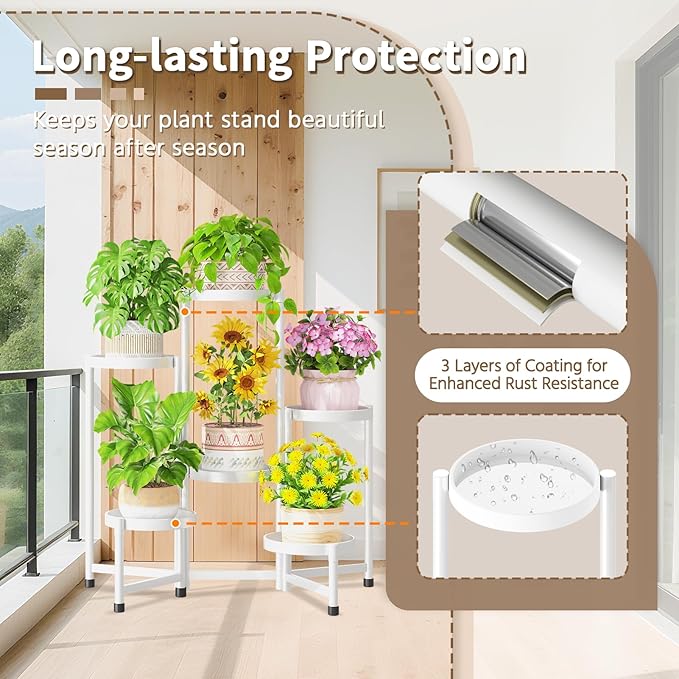 LASZOLA 6 Tiered Folding Tall Plant Stand Indoor for Multiple Large Planter, Heavy Duty Metal Adjustable Flower Rack for Narrow Corner, Sturdy Vertical Spiral Shelving Holder for Modern House, White