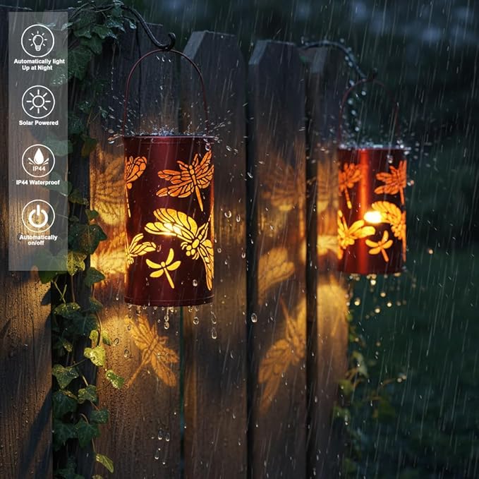 12.8" Large Size 2-Pack Outdoor Solar Lanterns Waterproof Metal Dragonfly Patterns Garden Decor Gifts for Women Mom Grandma Hanging Solar Lanterns for Outside Yard, Patio, Backyard, Porch