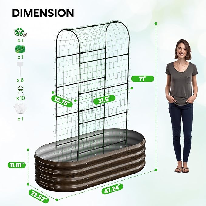 DoCred 2 in 1 Galvanized Raised Garden Bed, 1Pcs Garden Planter Box with 71" H Trellis for Climbing Plants, Outdoor Gardening Raised Beds with Climbing Net for Fruits, Vegetables, Flower (Wood Grain)