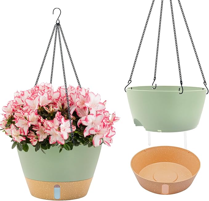 ZMTECH 12 Inch Large Hanging planters for Indoor, 2 Pack Self Watering Plant Pot for Outdoor Garden Porch, Hanging Flower Pot with Visible Water Level & Removable Tray(12Inch, Green)