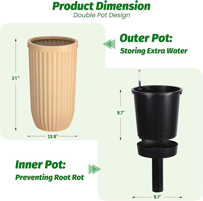 31" Tall Planters, Large Indoor & Outdoor Self-Watering Flower Pots with Drainage, Water Level Monitor & Wheels, Planters for Patio, Porch, Living Room, Home Office
