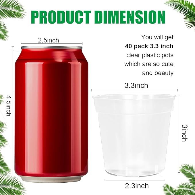 40 Pack 3.3 Inch Clear Nursery Pots for Plants, Sturdy Plastic Plant Pot for Planting Vegetables Flowers Seedlings, Transparent Seed Starter Pots with Drainage Holes, Gardening Gifts(40P-3.3"Clear)