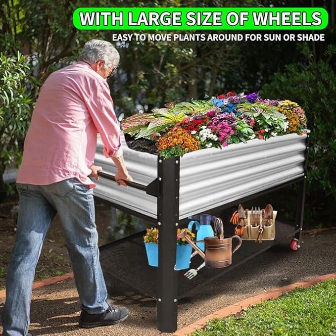 Elevated Metal Raised Garden Bed, Large Outdoor Metal Planter Box Big Flower Plant Pot for Planting Flowers Vegetables and Herbs (Silver, Medium)