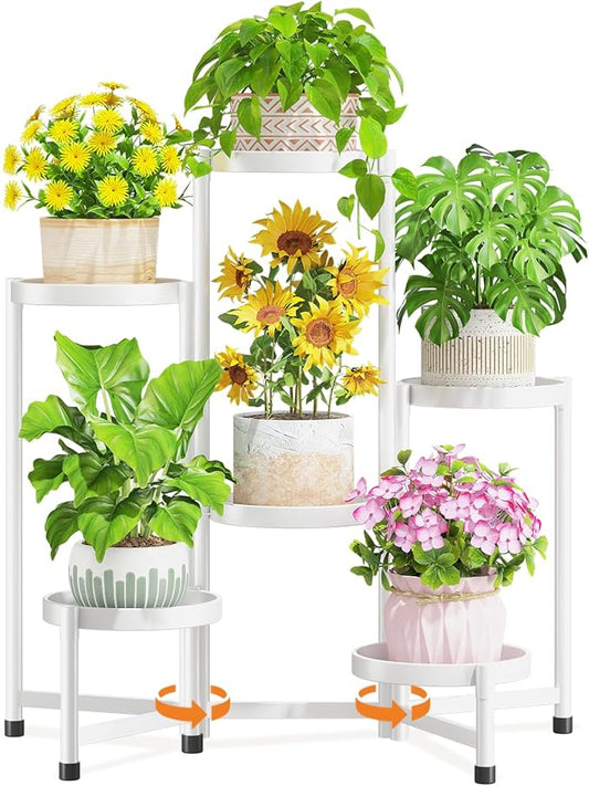 LASZOLA 6 Tiered Folding Tall Plant Stand Indoor for Multiple Large Planter, Heavy Duty Metal Adjustable Flower Rack for Narrow Corner, Sturdy Vertical Spiral Shelving Holder for Modern House, White