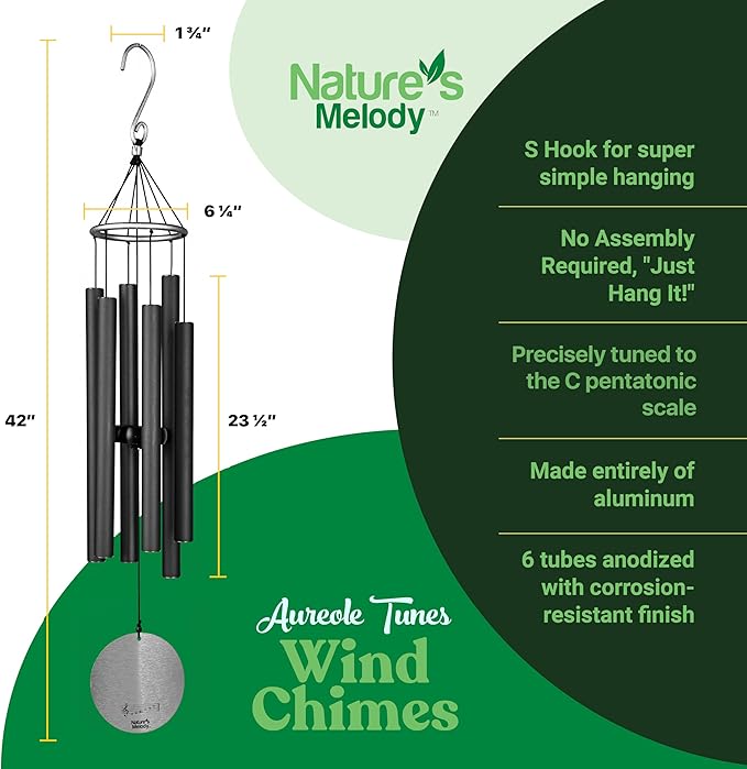 Nature’s Melody Aureole Tunes Wind Chimes – Outdoor Windchime with 6 Tubes Tuned to C Pentatonic Scale, 100% Rustproof Aluminum, Powder Finish & S Hook Hanger for Sympathy, Memorial Gift or Zen Garden