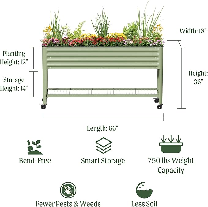 Rolling Elevated Raised Garden Bed - Slim Series, 1.5' x 5.5' Outdoor Planters Boxes with Legs & Storage Rack for Patio, 750 Lbs Weight Capacity, Raised Beds for Gardening Herbs Flowers, Pearl White