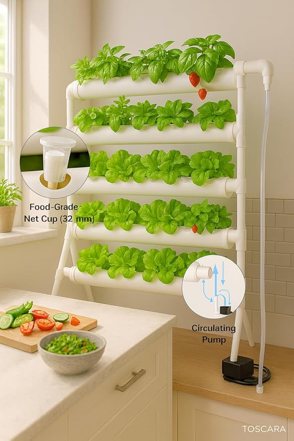 Hydroponic Plant Growing System with Water Pump & Sponges -36 Plant Sites 4 Food Grade PVC Hydroponics Kit! Indoor & Outdoor Planting Growing Stand for Vegetables, Herbs & Leafy Greens 42 inch