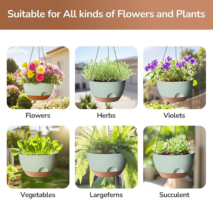 Hanging Planter for Indoor Plants, 10 Inch Self-Watering Hanging Planters with Drainage Holes and Chain, Set of 2 Outdoor Hanging Pots for Garden Home