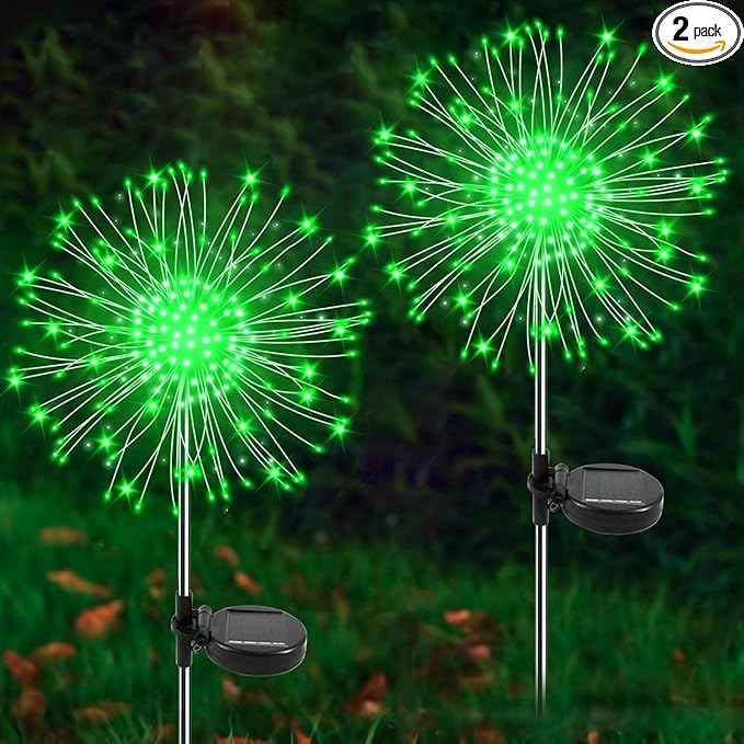 Solar Garden Lights Outdoor, 2 Pack 120 LED Twinkling Firework Lights Decorative with 2 Modes, Outdoor Waterproof Solar Starburst Light for Outside Yard Pathway Garden Decor, Green