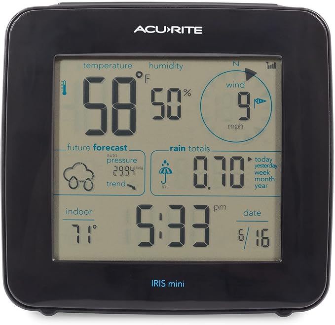 AcuRite Iris Weather Station with Mini Wireless Display for Temperature, Humidity, Wind Speed, Wind Direction, Historic Rainfall Totals, and Hyperlocal Forecast with Built-in Barometer (01122M)