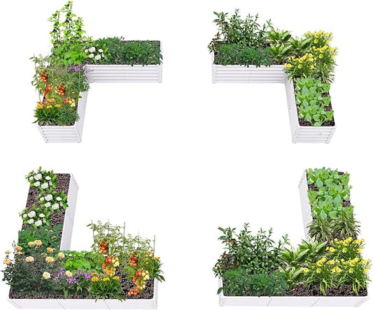 A ANLEOLIFE 4 Set L-Shaped Galvanized Raised Garden Beds Outdoor,74x74x18in Large Metal Planter Box for Planting Vegetables Flowers Herb, Anti-Rust & Easy-Setup, Antique White