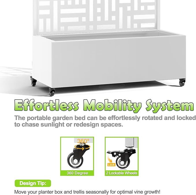 15.7"×70.9"×35.4" Metal Raised Garden Bed with Trellis and Wheels - Tall Trellis Planter Box for Climbing Plants, Vegetables & Vines - Outdoor Privacy Planters for Patio (White-Helen)
