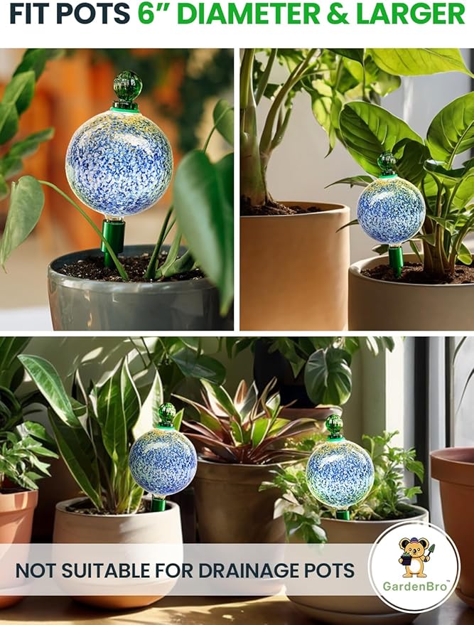 16 Oz Plant Watering Globes for Indoor Plants with Metal Self Watering Planter Insert - Premium XL Glass Hand-Blown Globe - Automatic Plant Waterer Indoor, Gift Idea for Gardener [1 Globe, Blue Gold]