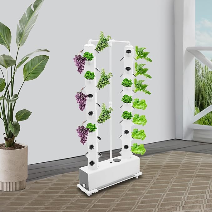 56-Plant Hydroponic Growing System Indoor Outdoor, Garden Vertical Planter Germination Kit with Pump & Wheels, Hydroponics Growing Tower, Smart Vertical Hydroponic Garden Tower, White Base