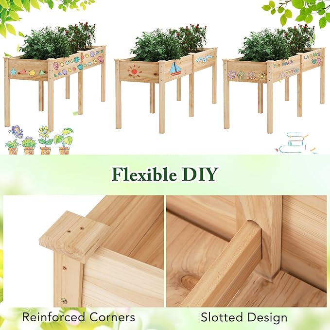 Raised Garden Bed with Legs, Elevated Planter Box with Divider & 8 Drainage Holes, Fir Wood Garden Box for Vegetables, Flowers, Fruits & Herbs (Natural)