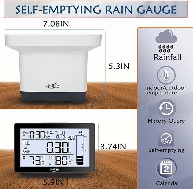 Wireless Rain Gauge Outdoor, Digital Rain Gauge Outdoors Best Rated with Thermometer,Accurate Self-Emptying Rain Measure Gauge for Garden,Remote Electronic Rain Meter,Freeze Proof Rainfall Measurer
