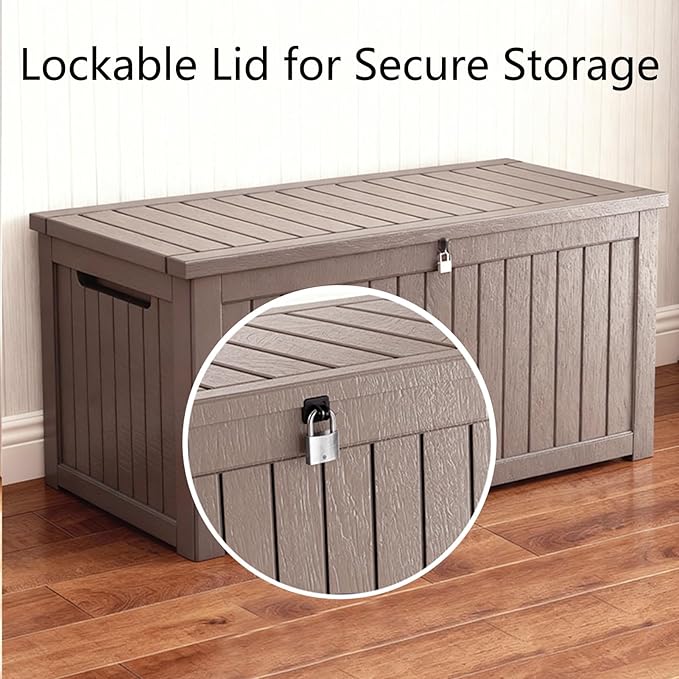 180 Gallon Resin Deck Box with Lockable Lid - Outdoor Waterproof Storage for Patio Furniture, Garden Tools, Cushions & Pool Accessories, All-Weather Wood Grain Design