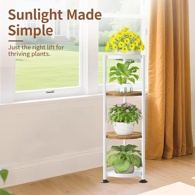 LASZOLA 4 Tier White Plant Stand Indoor for Large Tall Heavy Duty Flower Planter, Metal Vertical Multi Level Rack for Narrow Floor Corner, Sturdy Round Holder Organizer, Modern, Mid Century, Farmhouse