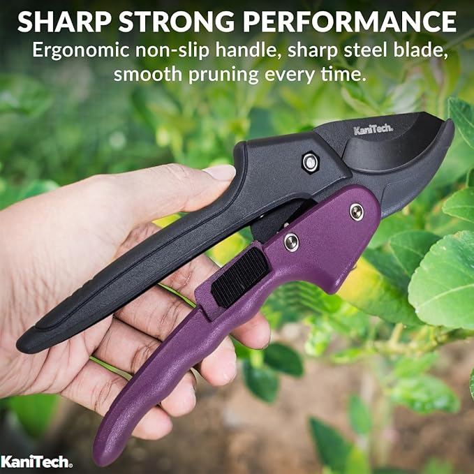 KaniTech Pruning Shears for Gardening with Gloves - Heavy Duty Garden Shears, Aluminum Hand Pruners with TPR Grip Handle, 8 inch 3.55mm Thick Blade - for Branches, Flowers & Plants (Purple)