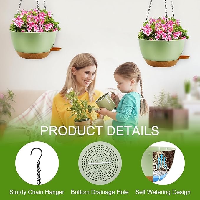 10 inch Hanging Planters for Indoor Plants, 3 Pack Self-Watering Hanging Planter Pots with Chain and Drainage Holes, Outdoor Plastic Hanging Baskets for Garden Home Decor