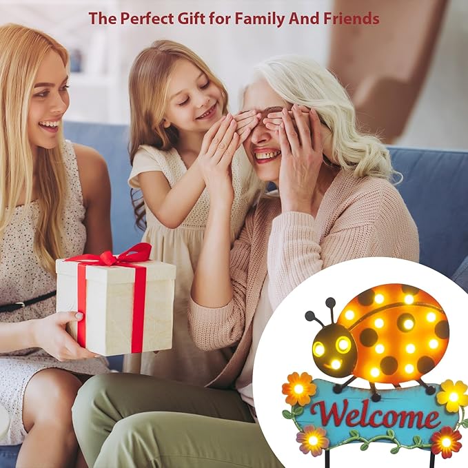 Garden Stakes Decorative 43.3inch with Large Metal Welcome Sign, Solar Pathway Lights Outdoor Waterproof with 18 String Bulbs for Spring and Summer Decor, Ladybug Lawn Ornaments