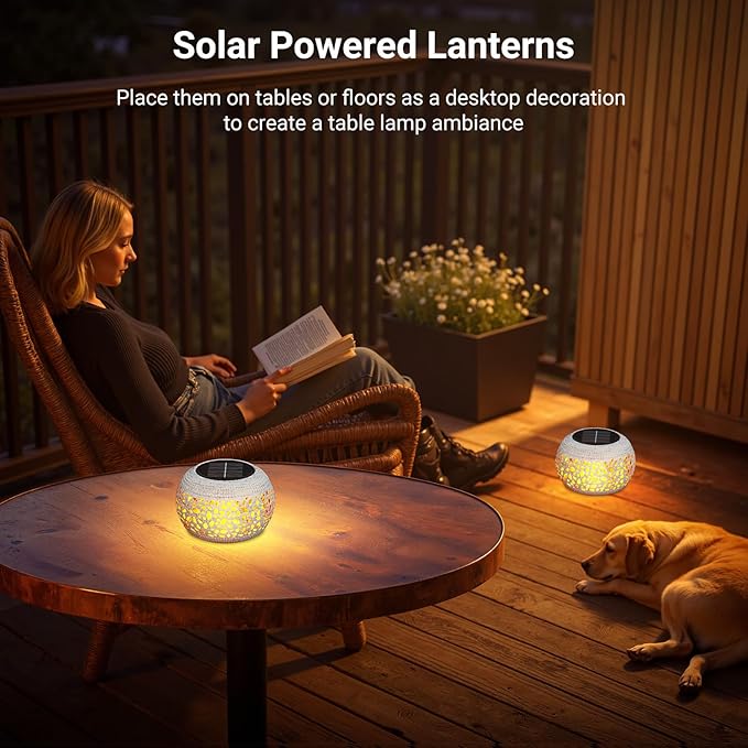 Solar Lanterns Outdoor Waterproof Table Lights: Upgraded Flickering Flame Solar Lights, White Metal Decorative Lantern Gifts for Women Mom, Garden Yard Balcony Indoor Tabletop Decor(2 Modes)