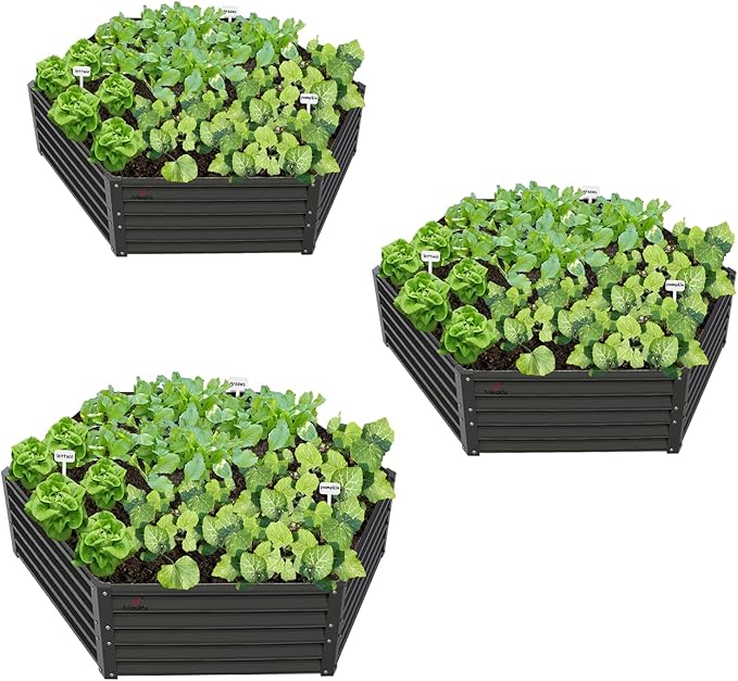 A ANLEOLIFE 3 Set Hexagon Galvanized Raised Garden Beds Outdoor,70x60x18in Metal Planter Box for Planting Vegetables Flowers Herb, Anti-Rust & Easy-Setup, Quartz Grey