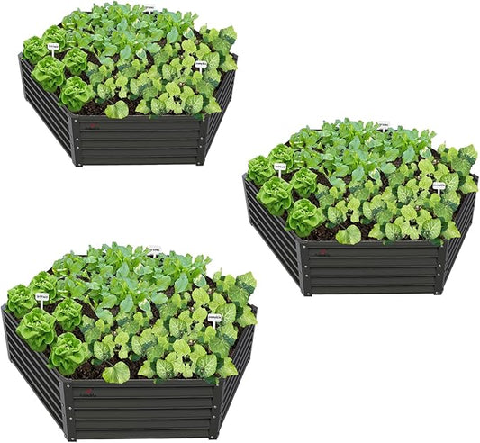 A ANLEOLIFE 3 Set Hexagon Galvanized Raised Garden Beds Outdoor,70x60x18in Metal Planter Box for Planting Vegetables Flowers Herb, Anti-Rust & Easy-Setup, Quartz Grey
