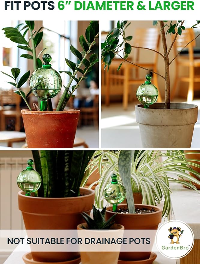 16 Oz Plant Watering Globes for Indoor Plants with Metal Self Watering Planter Insert - Premium XL Glass Hand-Blown Globe - Automatic Plant Waterer Indoor, Gift Idea for Gardeners [1 Globe, Green]