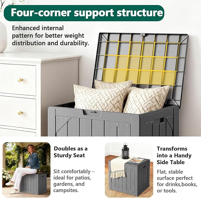 MAKE CHANGES Outdoor Storage Box,30 Gallon Deck Box Outdoor Storage Bench Outside Waterproof Resin Storage Bench, Lockable Patio Cushions, Garden Tools Storage For Furniture, UV Resistant(Gray