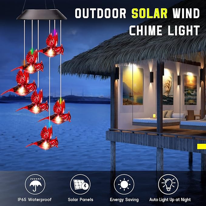 Solar Wind Chimes Cardinal Bird,Solar Cardinal Red Bird Wind Chime Light, with 6 Vivid Hummingbirds Multicolor Led Light，Holidays, Courtyards, Decorations As Gifts… (Cardinal)